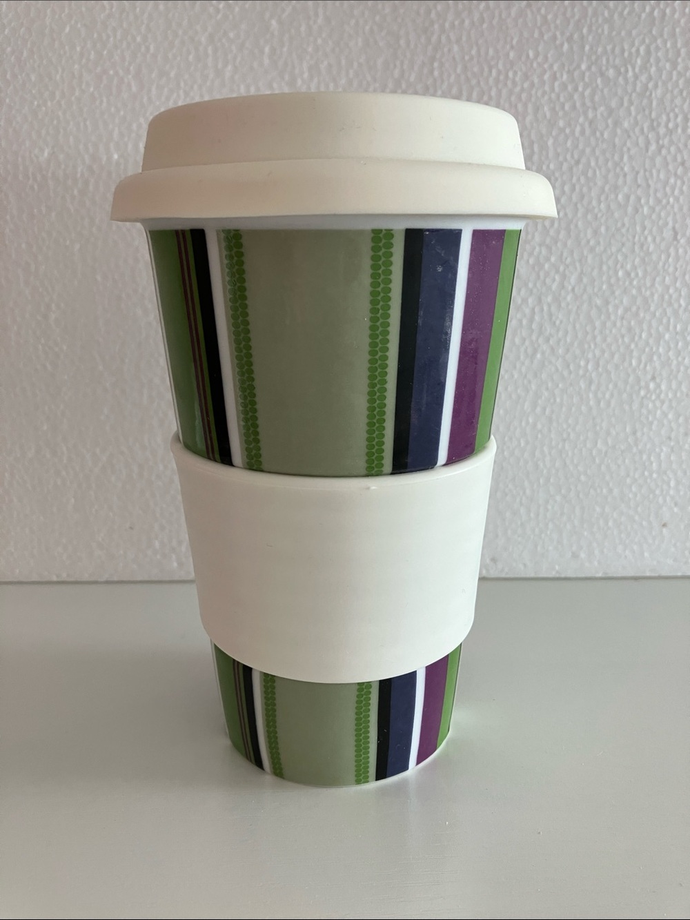 Cost Plus World Market Green&Purple Striped Travel Mug with White Lid and Sleeve